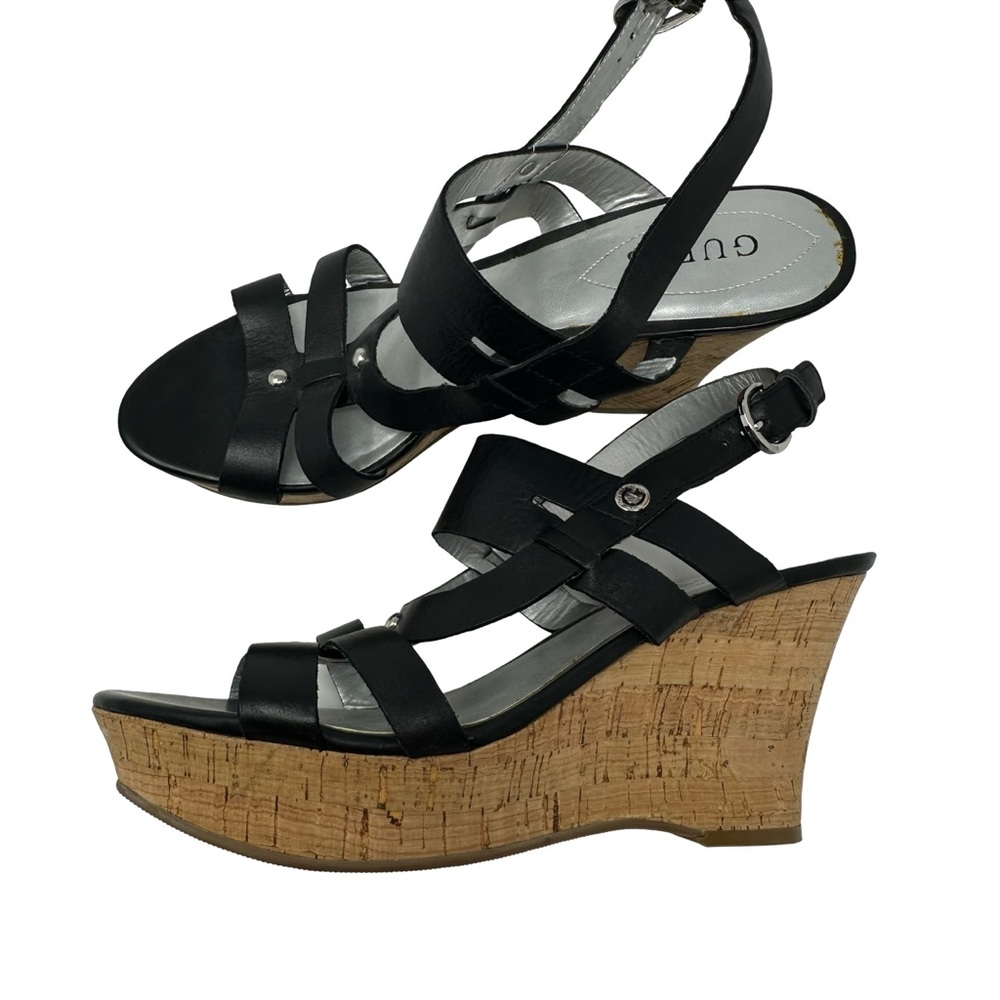 Guess NWOT Black Leather Strappy Buckle Stud Cork Wedge Sandals Size 9